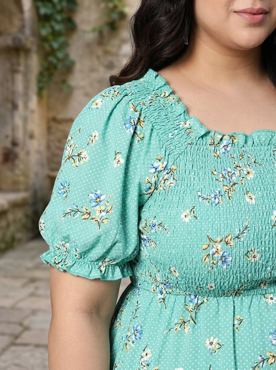 Plus Size Sea Green Floral Printed Dress