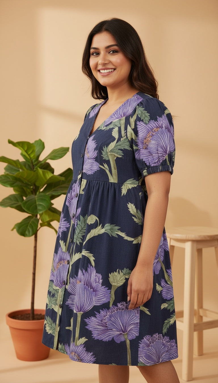 women blue floral print cotton linen dress