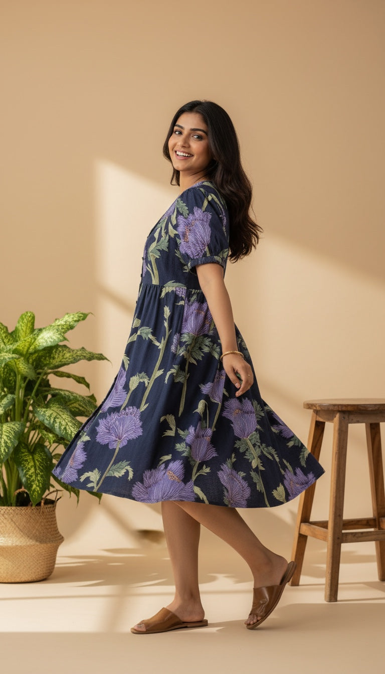 women blue floral print cotton linen dress