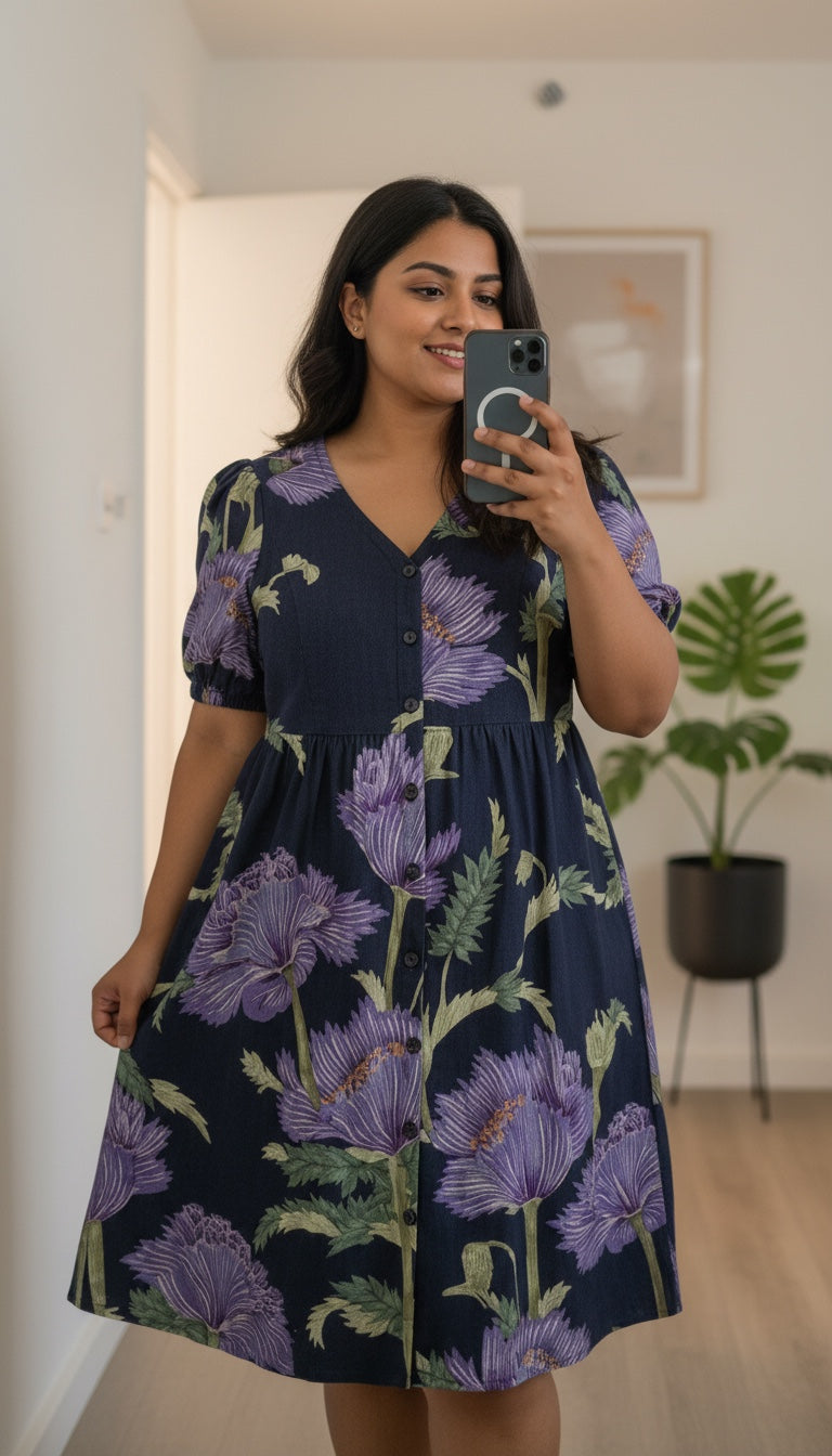 women blue floral print cotton linen dress