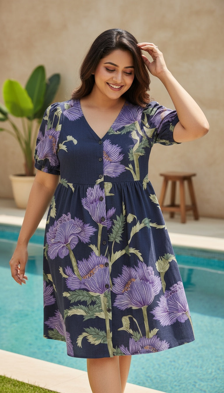 women blue floral print cotton linen dress