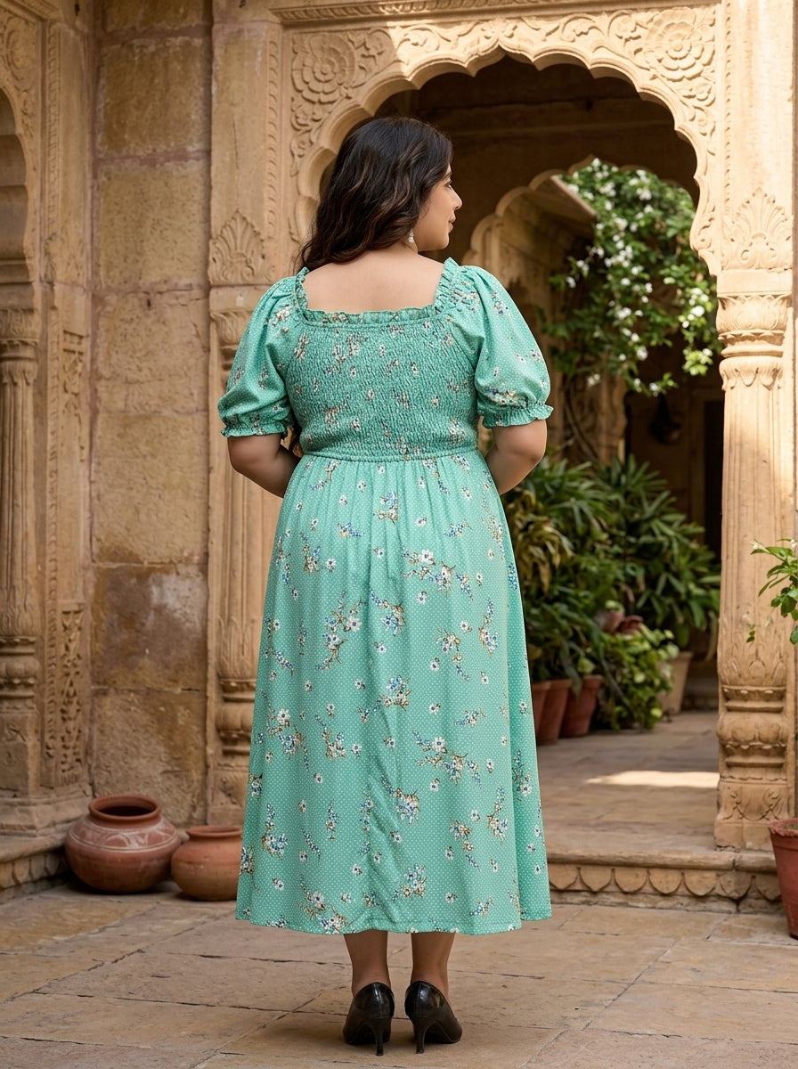 Plus Size Sea Green Floral Printed Dress
