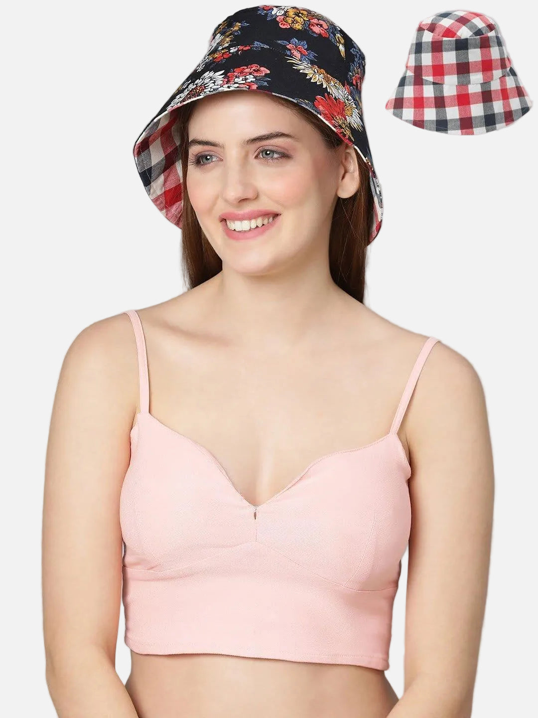 Radiant Waves: Pink Tie-Dye Plus Size Dress & Black Floral Reversible Bucket Hat Set - oxolloxo