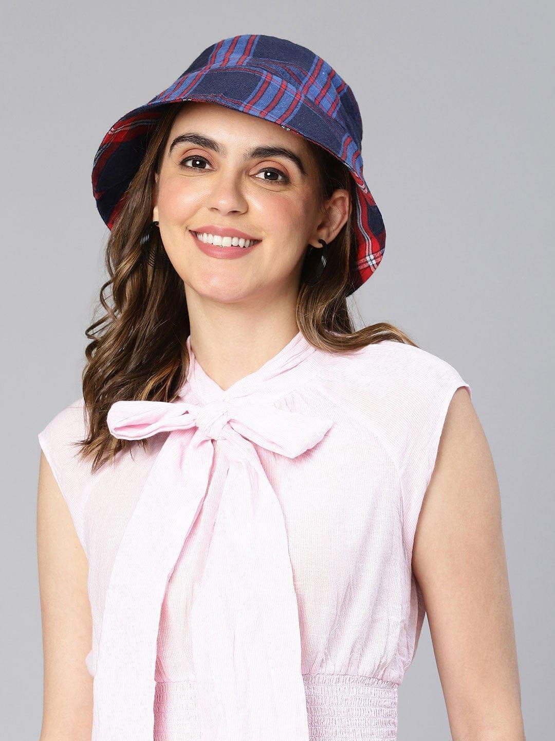 Current Blue Check Print Reversible Women Cotton Bucket Hat   oxolloxo