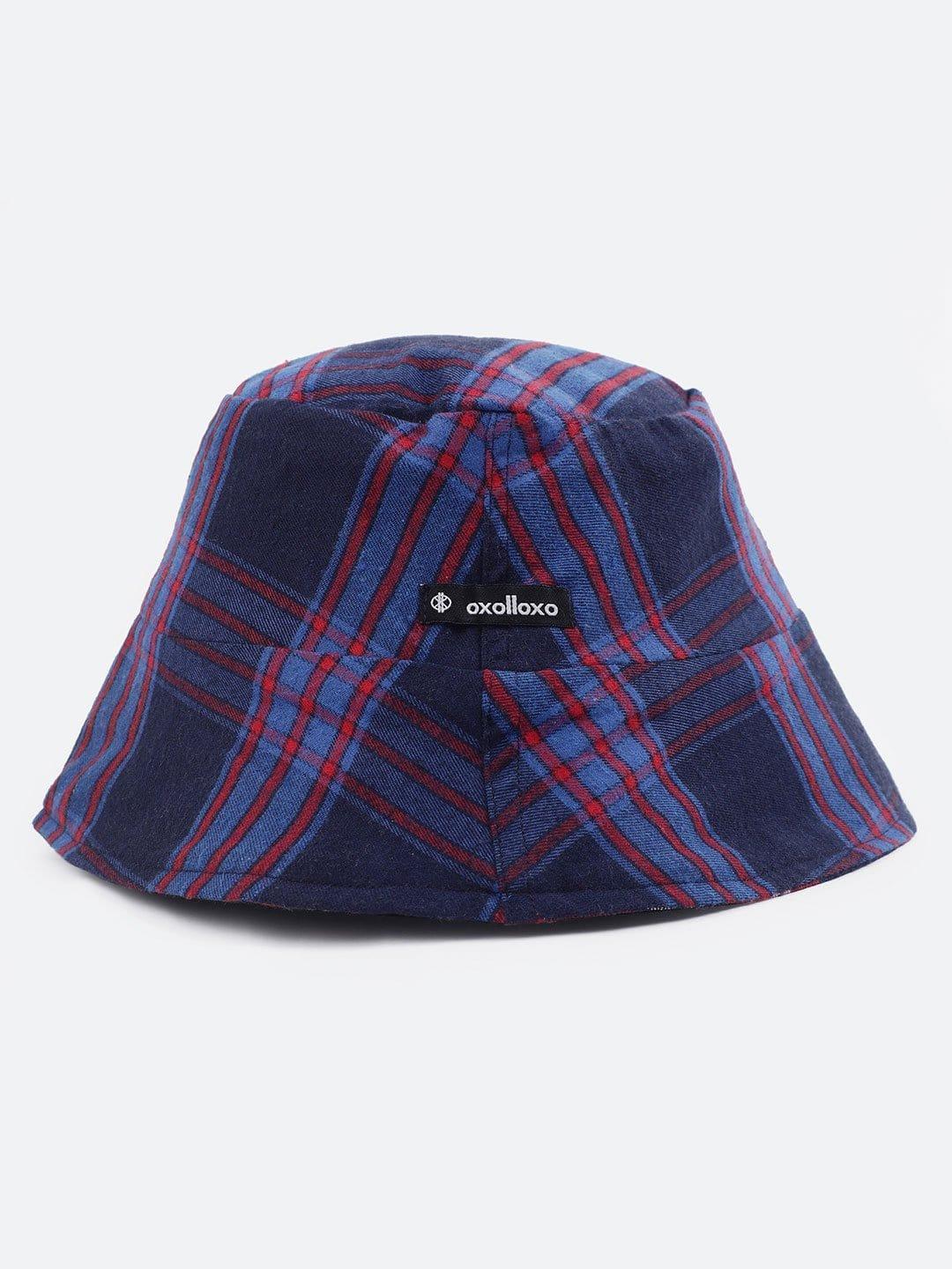 Current Blue Check Print Reversible Women Cotton Bucket Hat   oxolloxo
