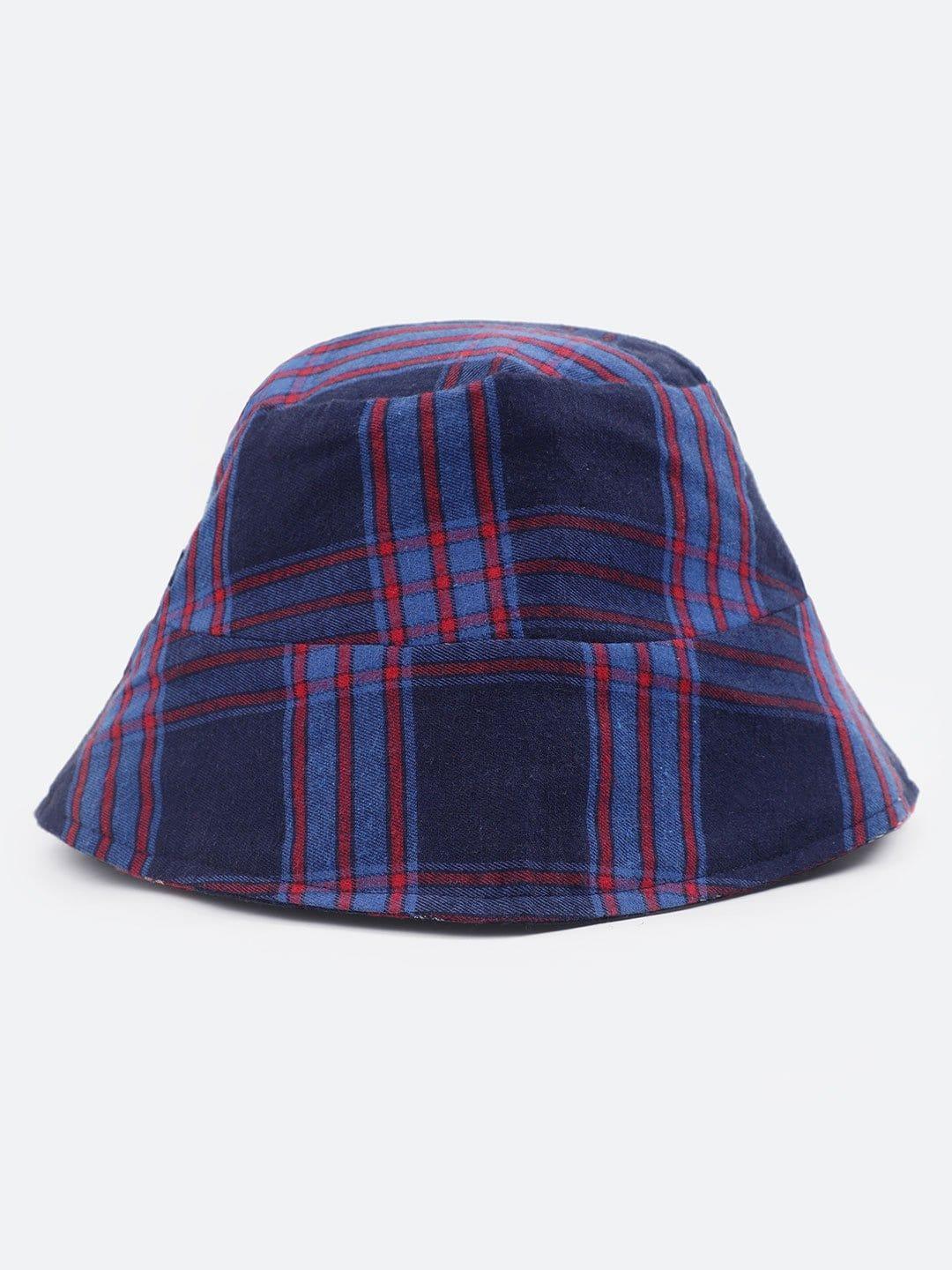 Current Blue Check Print Reversible Women Cotton Bucket Hat   oxolloxo