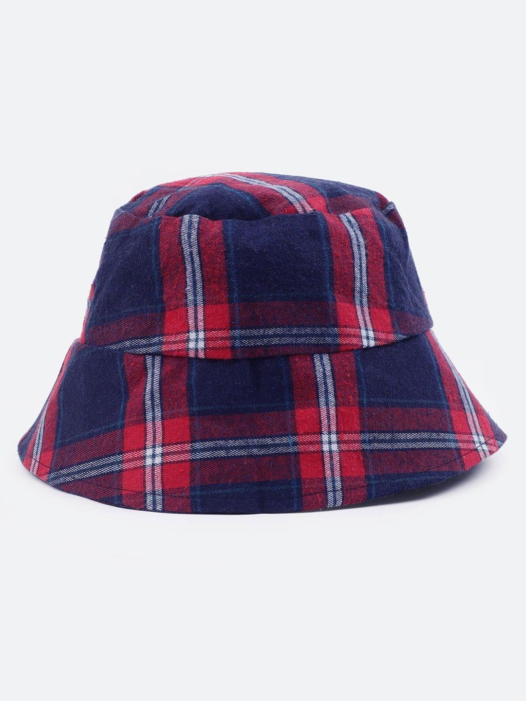 Current Blue Check Print Reversible Women Cotton Bucket Hat   oxolloxo