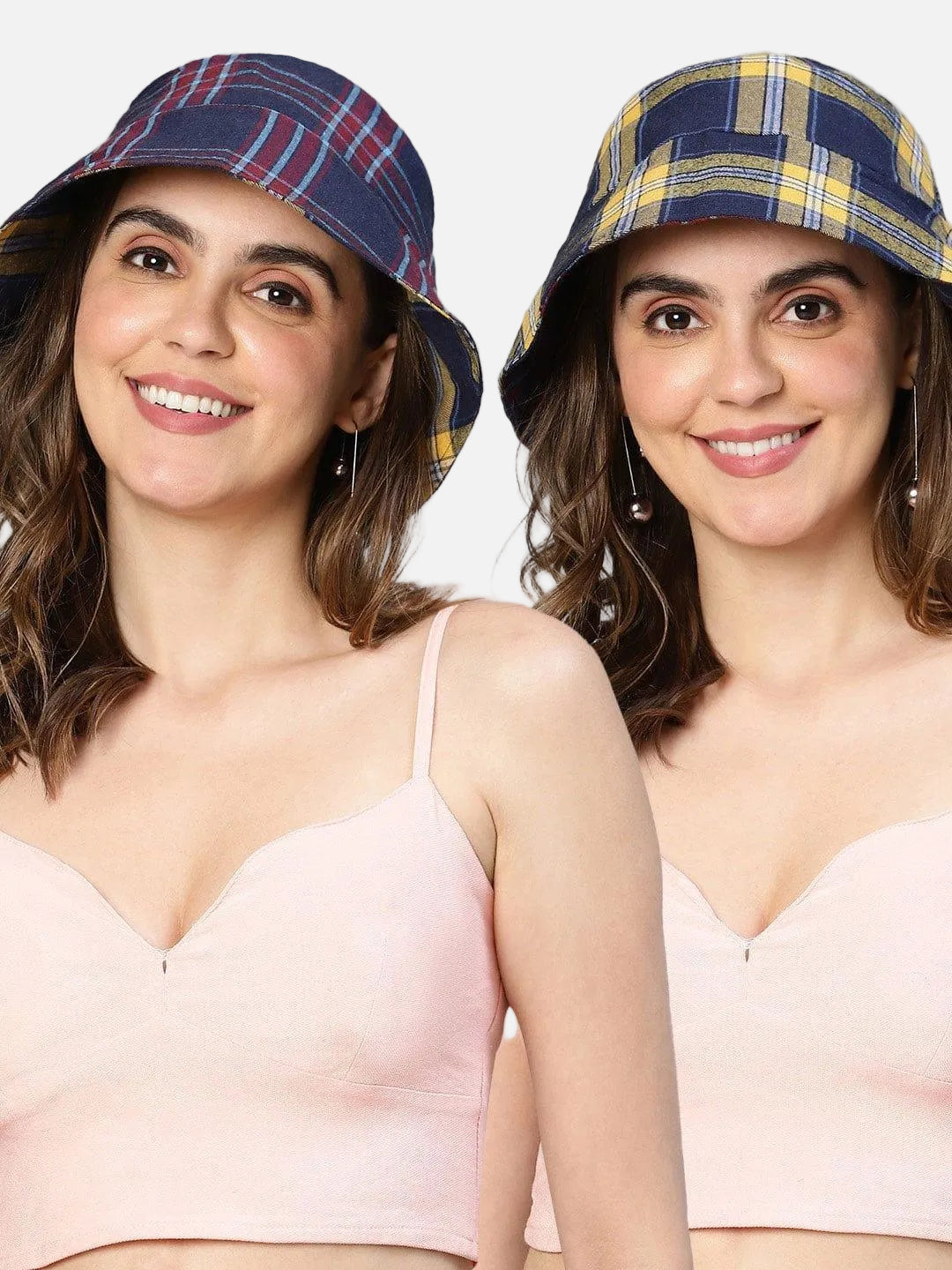 Stale Blue Check Print Reversible Women Cotton Bucket Hat - oxolloxo