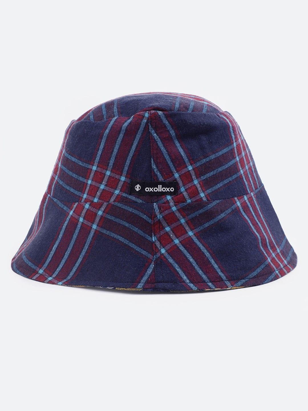 Stale Blue Check Print Reversible Women Cotton Bucket Hat   oxolloxo