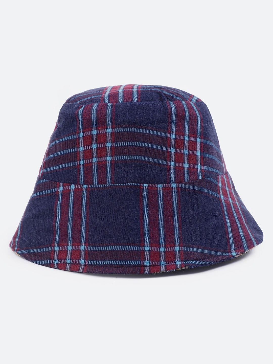 Stale Blue Check Print Reversible Women Cotton Bucket Hat   oxolloxo