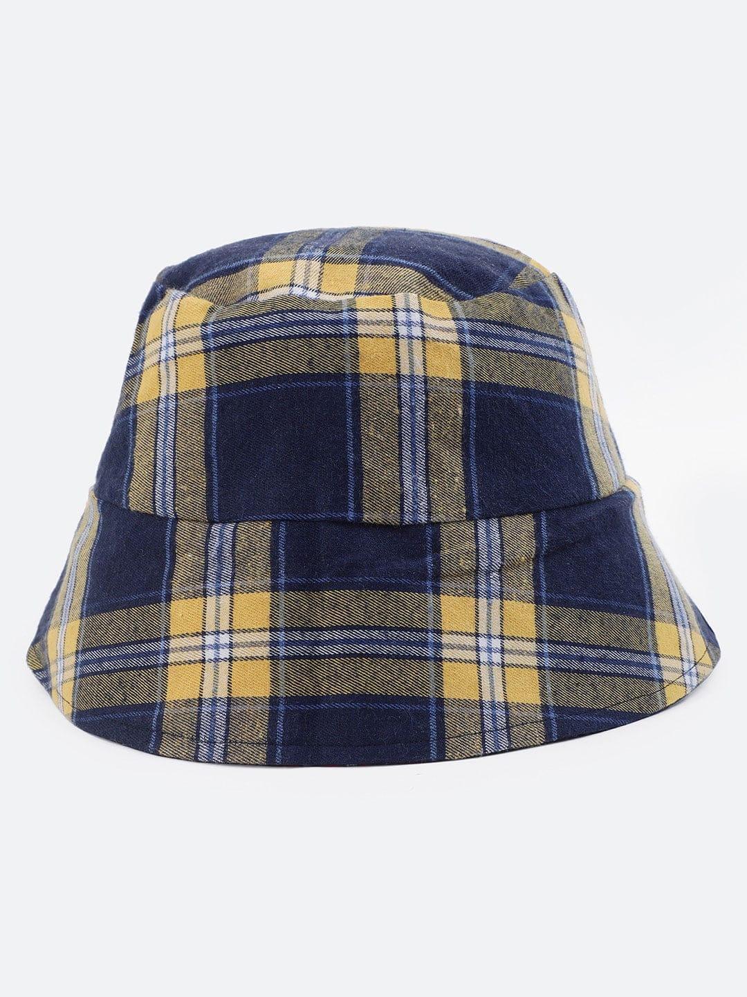 Stale Blue Check Print Reversible Women Cotton Bucket Hat   oxolloxo