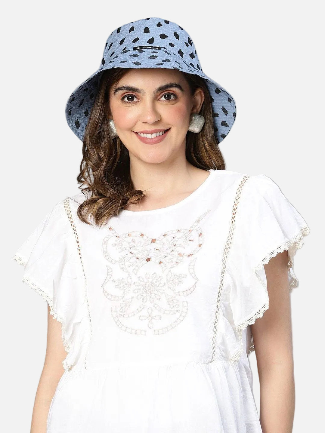 Playful Elegance: White Embroidered Loopy Top & Blue Animal Print Bucket Hat Set - oxolloxo