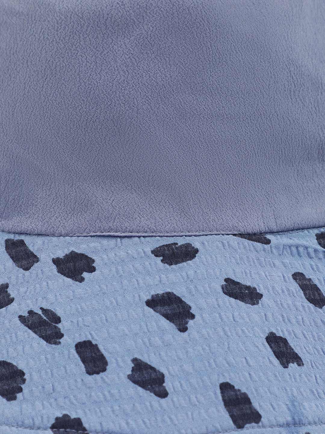 Playful Elegance: White Embroidered Loopy Top & Blue Animal Print Bucket Hat Set   oxolloxo