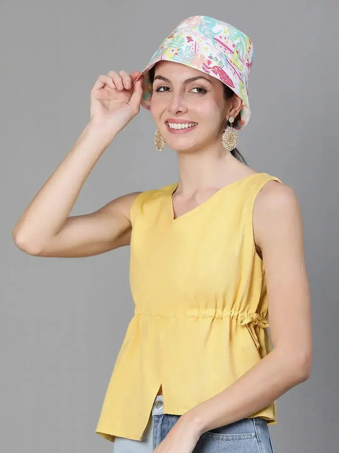 Graceful Bloom: White Satin Ruffle Dress & Floral Reversible Bucket Hat Set   oxolloxo