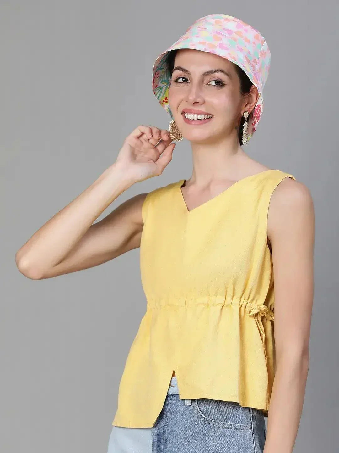 Graceful Bloom: White Satin Ruffle Dress & Floral Reversible Bucket Hat Set   oxolloxo