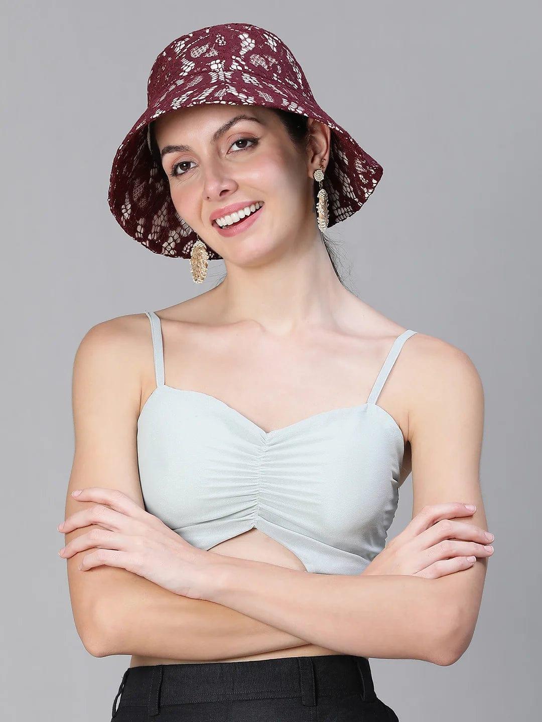 Elegant Bloom: Black Floral Dress & Burgundy Lace Bucket Hat Set   oxolloxo