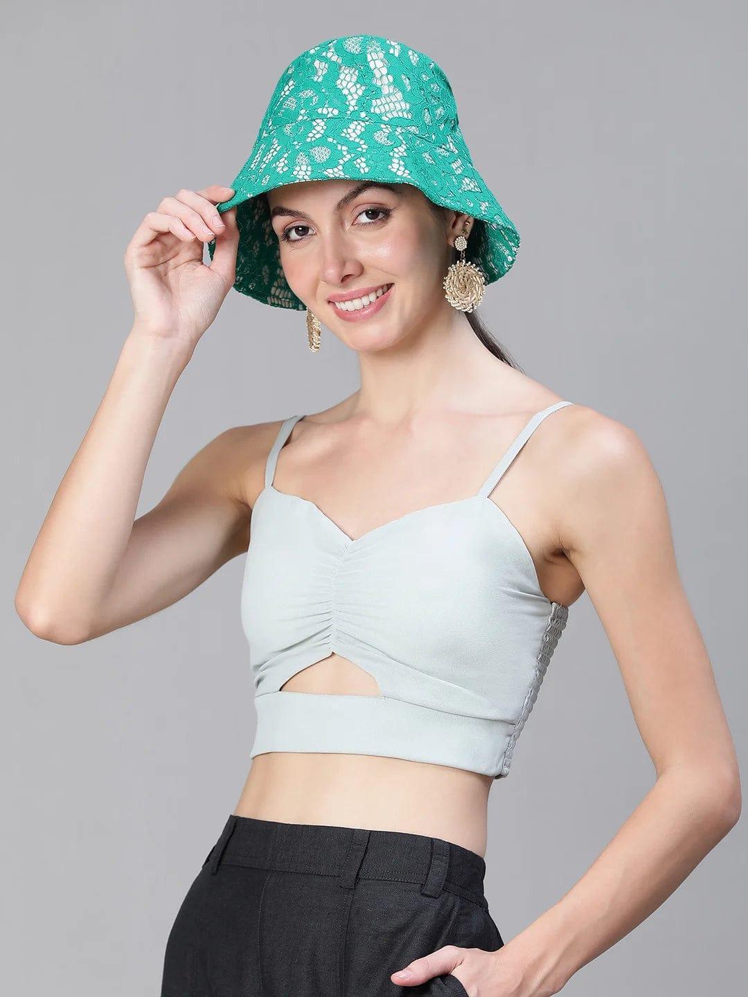 Godly Green Lace Fabric Women Bucket Hat For Summer Fun   oxolloxo