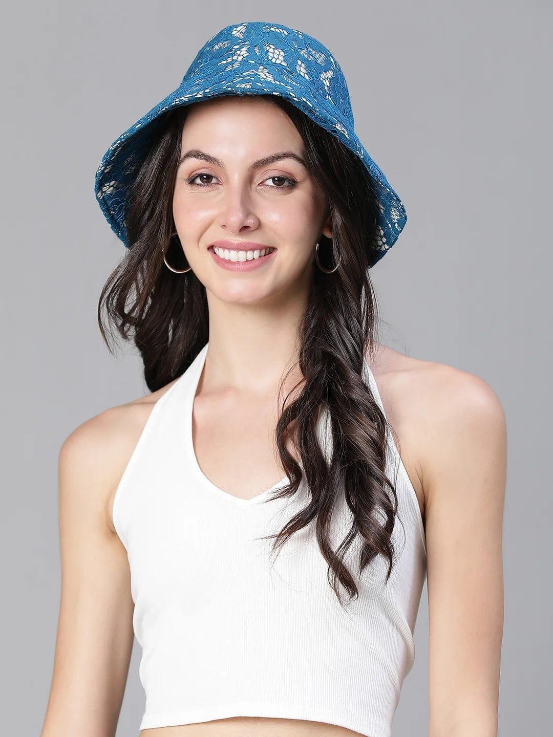 Roamed Blue Lace Fabric Women Bucket Hat For Summer   oxolloxo