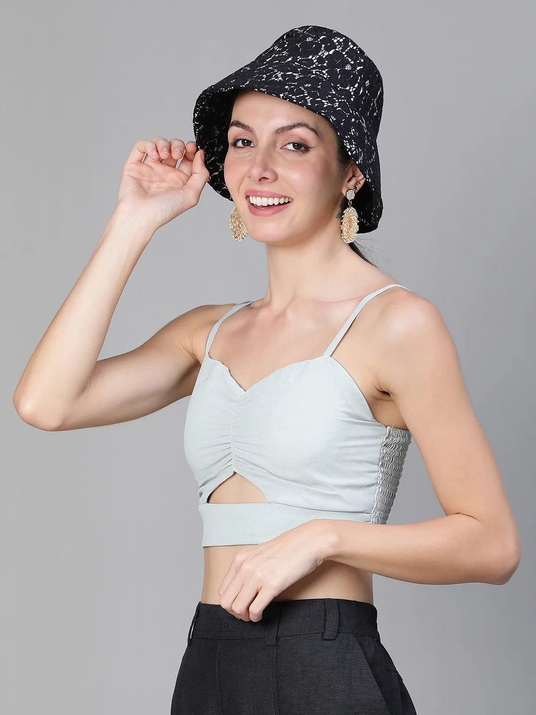 Elegant Contrast: Black Curvy Dress & Blue Lace Bucket Hat Set   oxolloxo