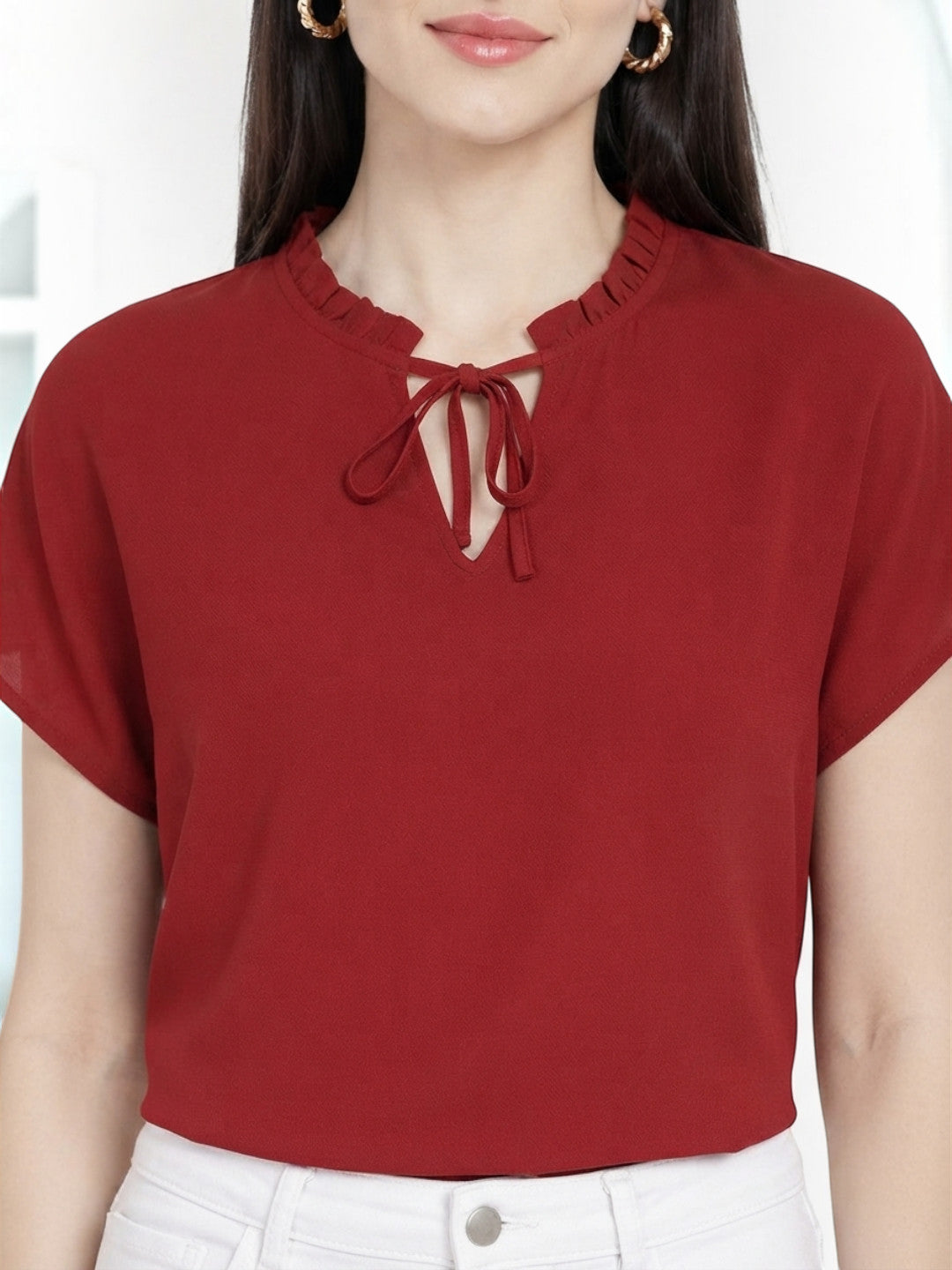 Red tie-neck blouse with ruffled collar, plus size women's fashion top
