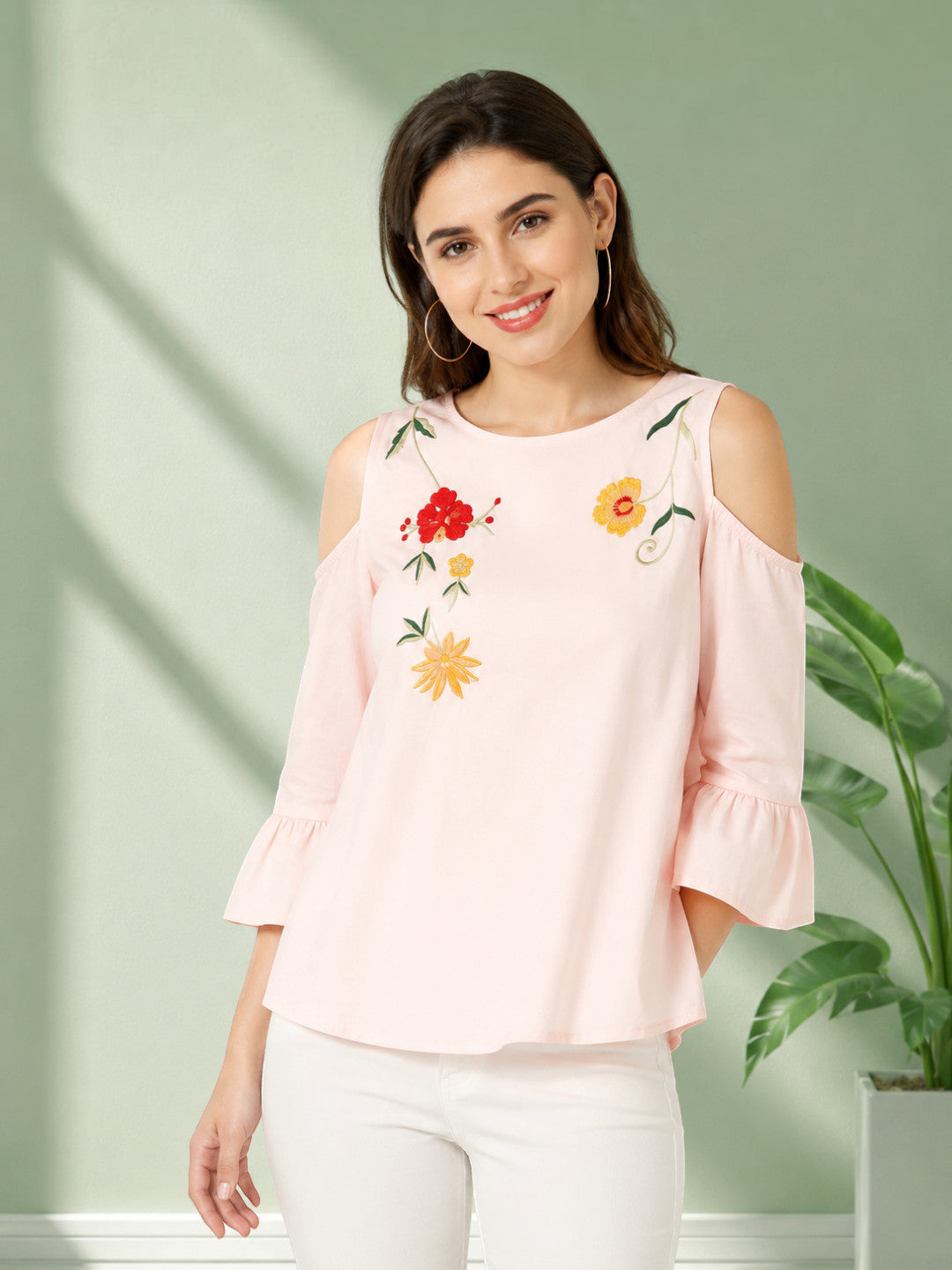 Women's Peach Embroidered Cotton Top