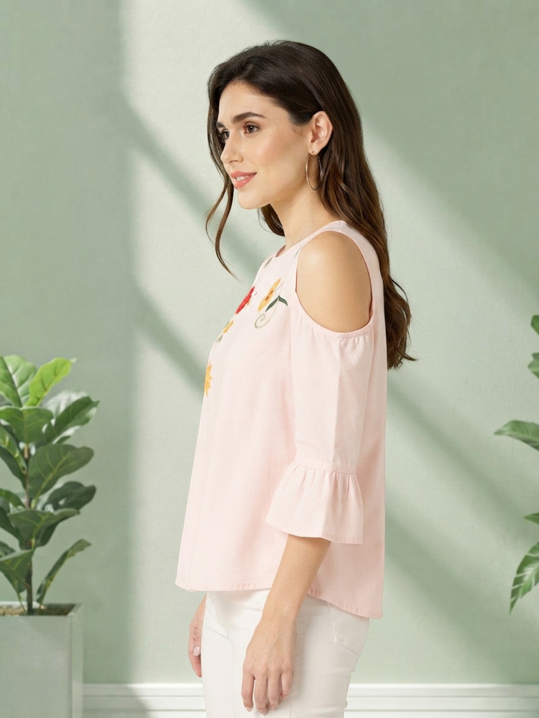 Pink floral embroidered cold shoulder top with ruffle sleeves for women
