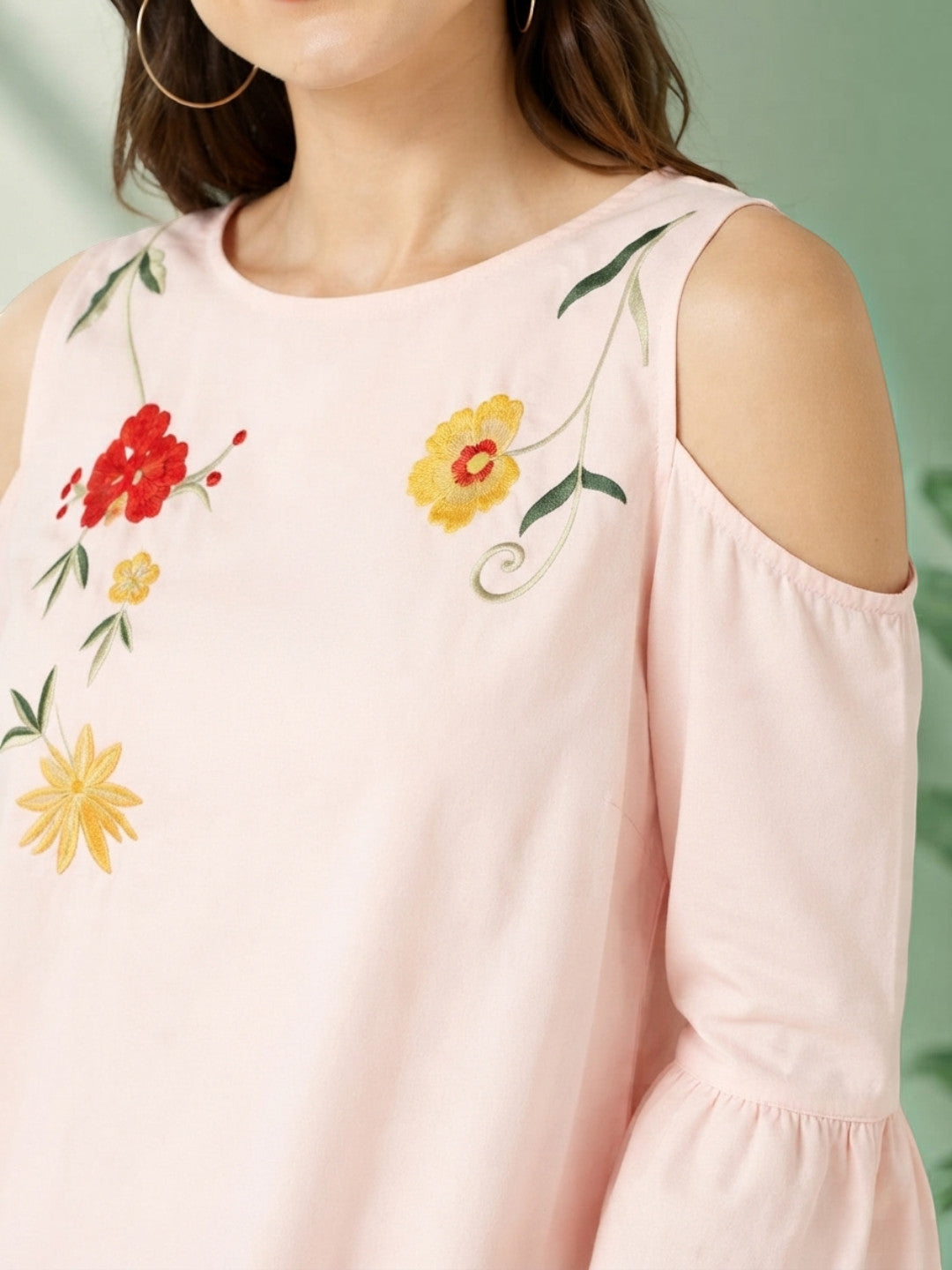 Pink cold-shoulder top with floral embroidery, plus size women's fashion