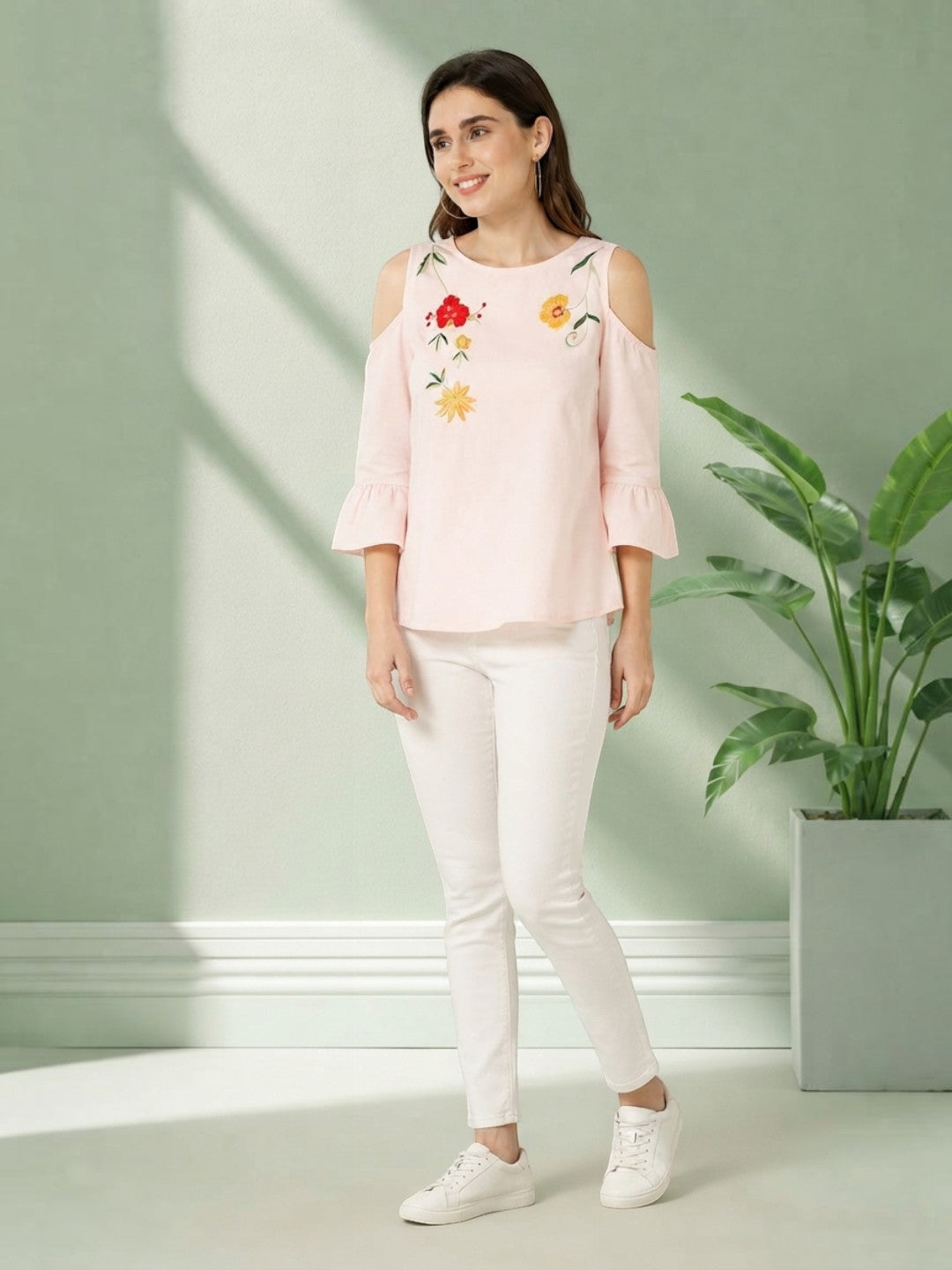 Pink floral embroidered cold shoulder top with white jeans, stylish women's fashion outfit