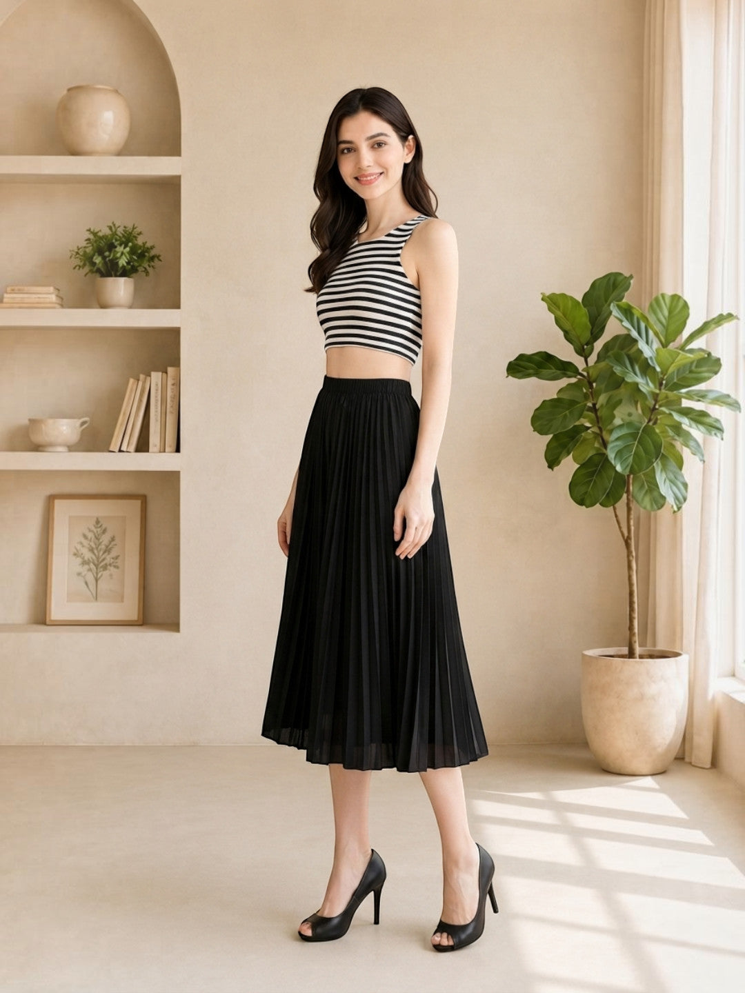 Woman in black pleated midi skirt and striped crop top, stylish plus size fashion outfit