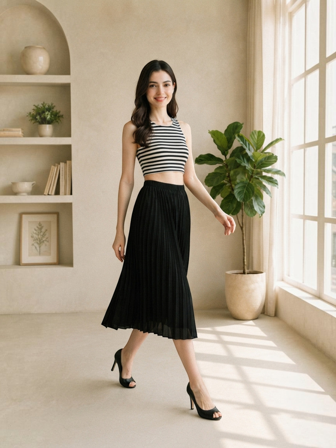 Woman in black pleated midi skirt and striped crop top, stylish plus size fashion outfit