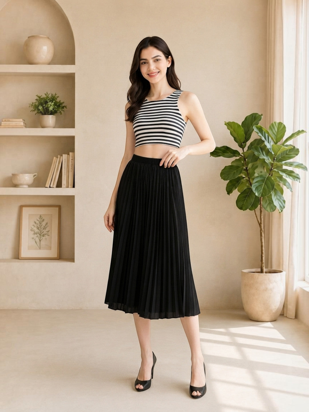 Woman in black pleated midi skirt and striped crop top, stylish plus size fashion outfit