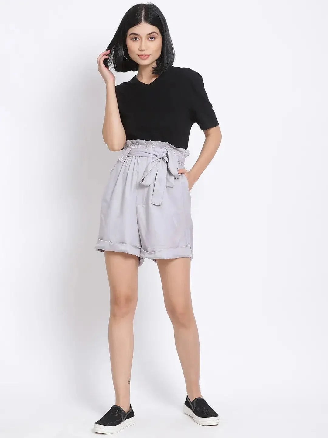 Smoke Grey Paperbag Women'S Shorts - oxolloxo
