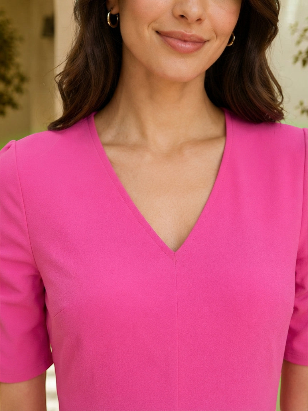 V-neck pink dress with short sleeves, stylish women's fashion for plus size and regular sizes