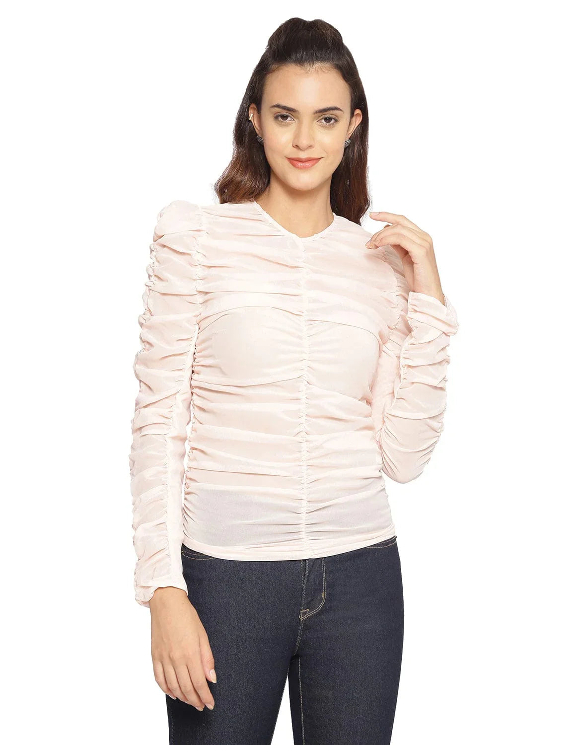 Baby Pink Semi-Sheer Shirred Top - oxolloxo