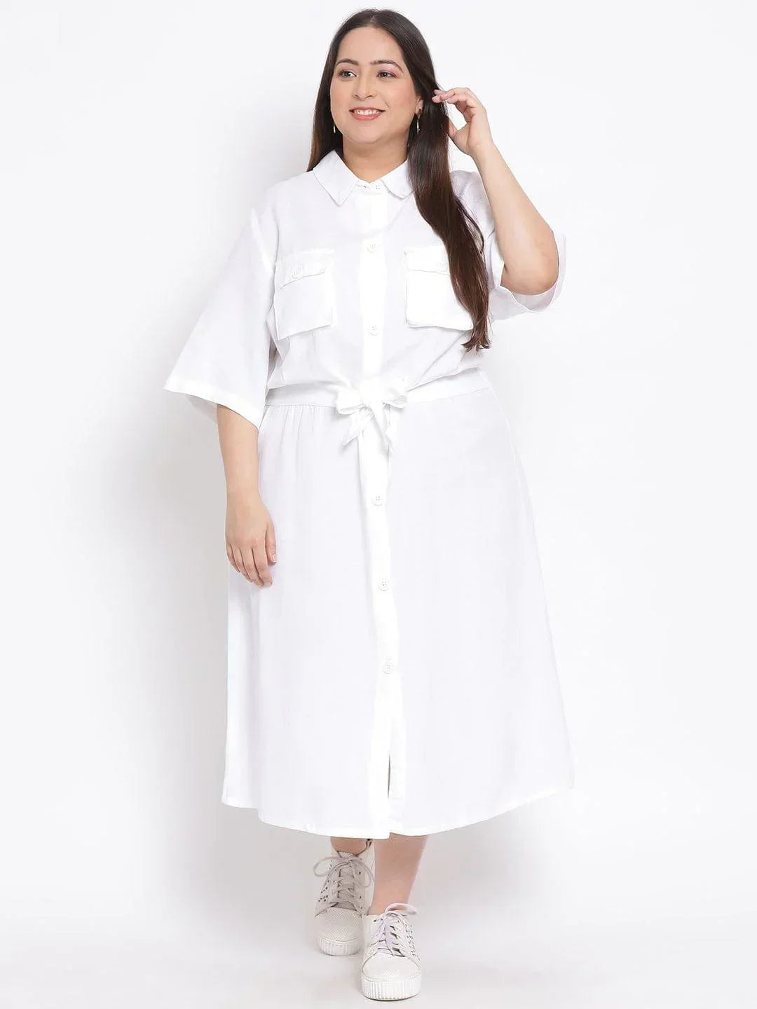 Basic White Plus Size Curvy Midi Shirt Dress For Women - oxolloxo