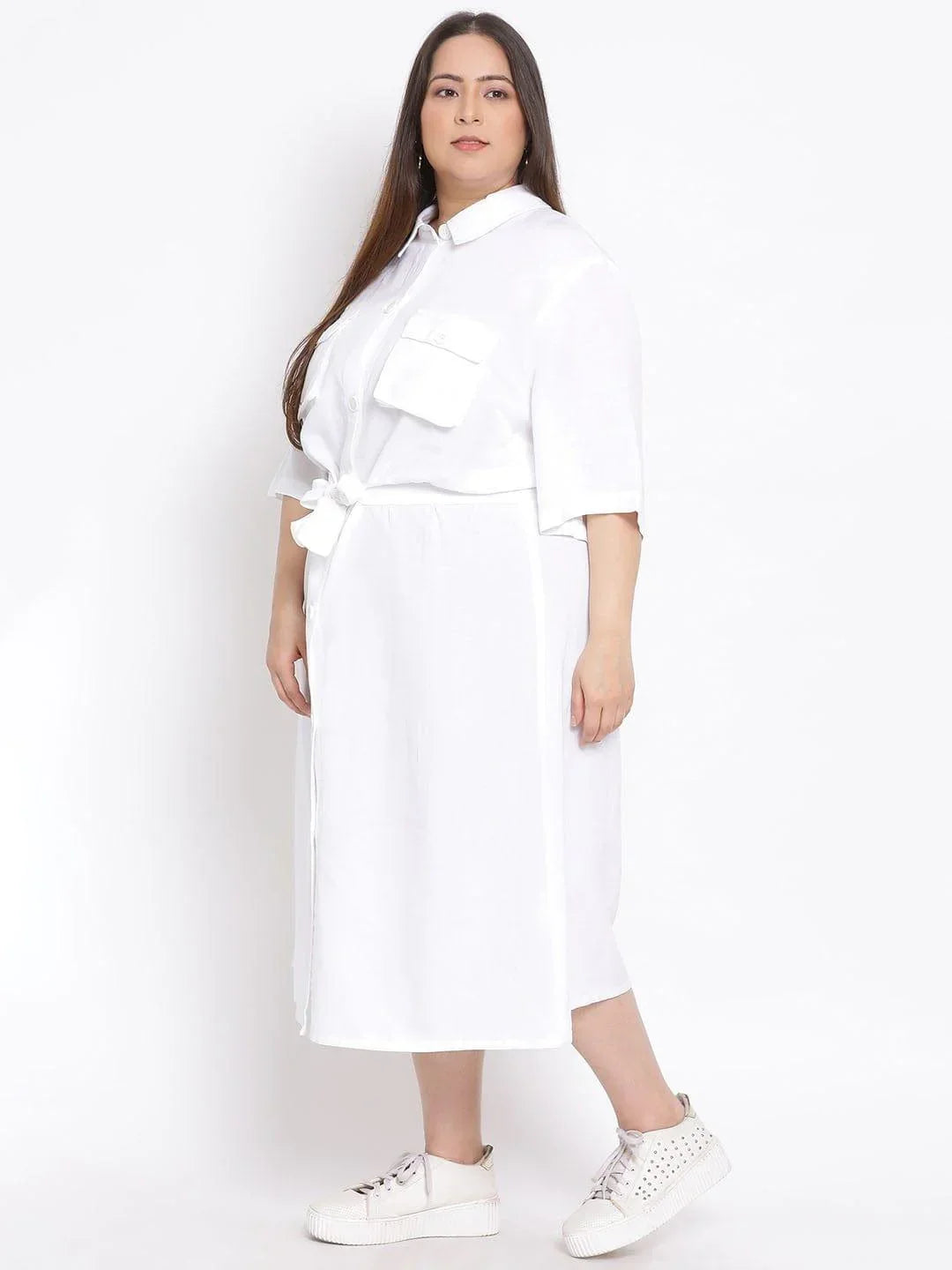 Basic White Plus Size Curvy Midi Shirt Dress For Women - oxolloxo