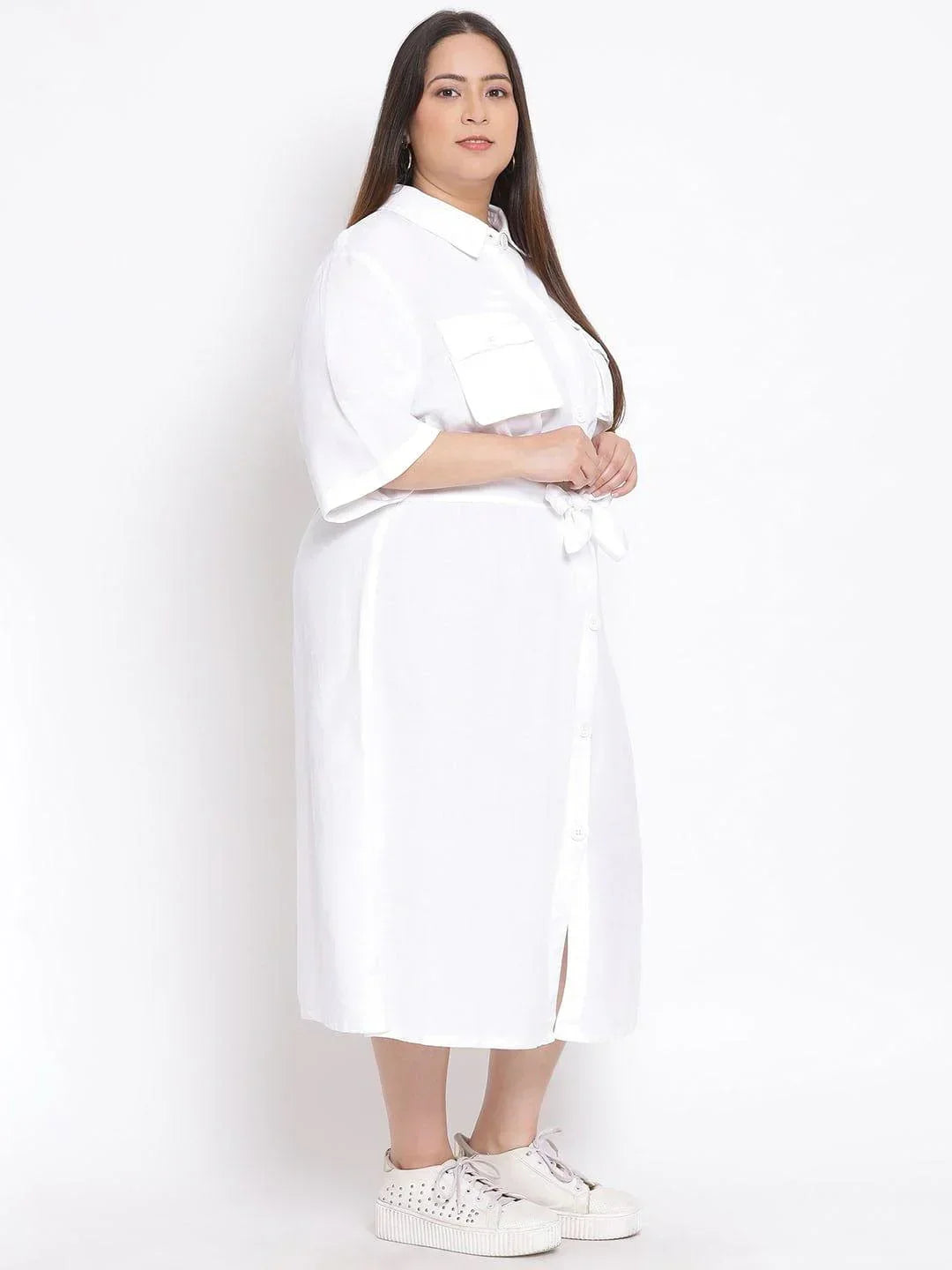 Basic White Plus Size Curvy Midi Shirt Dress For Women - oxolloxo