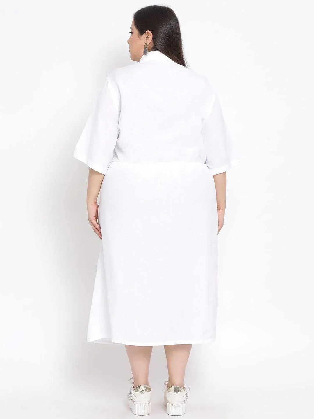 Basic White Plus Size Curvy Midi Shirt Dress For Women - oxolloxo
