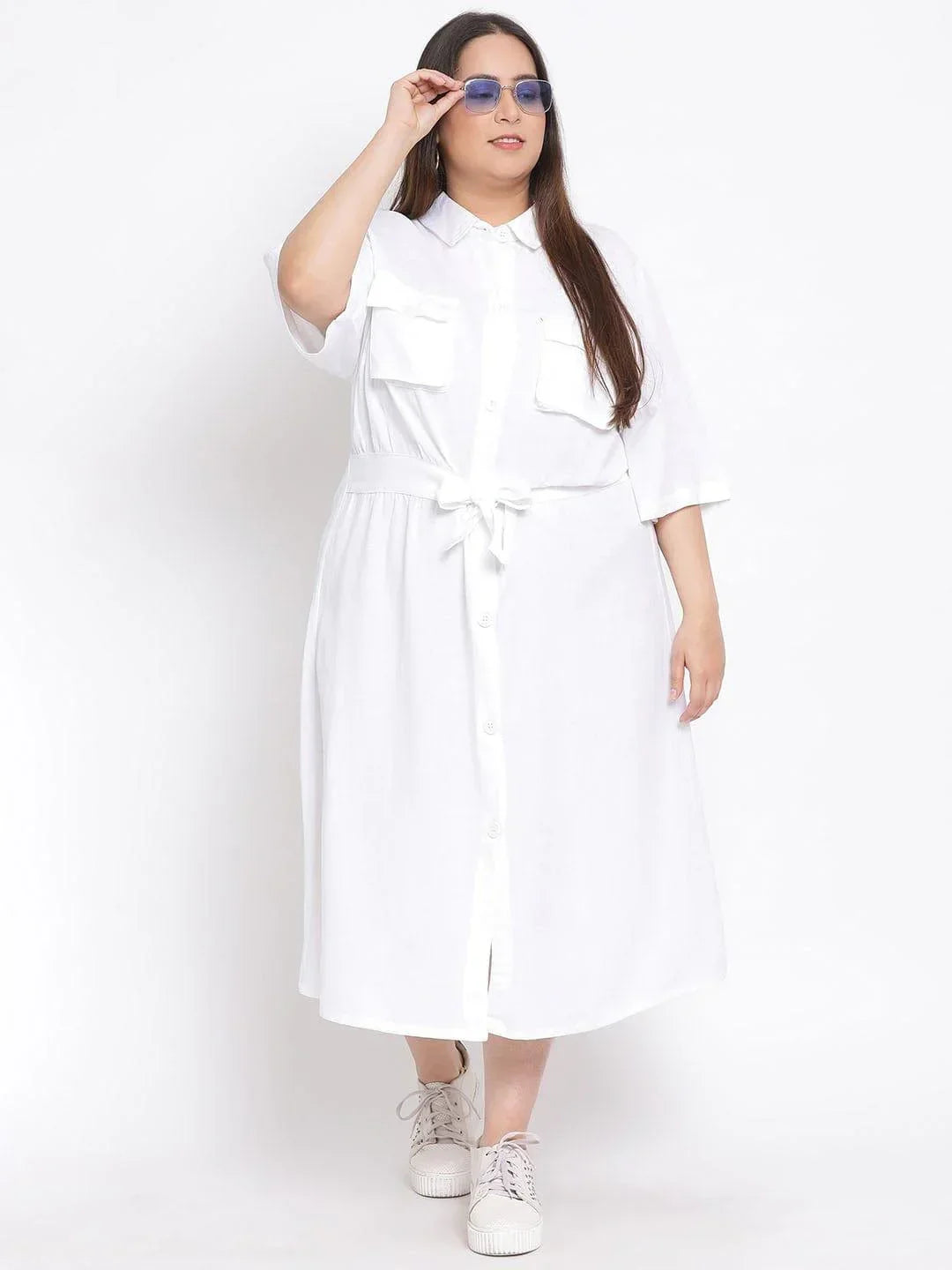 Basic White Plus Size Curvy Midi Shirt Dress For Women - oxolloxo