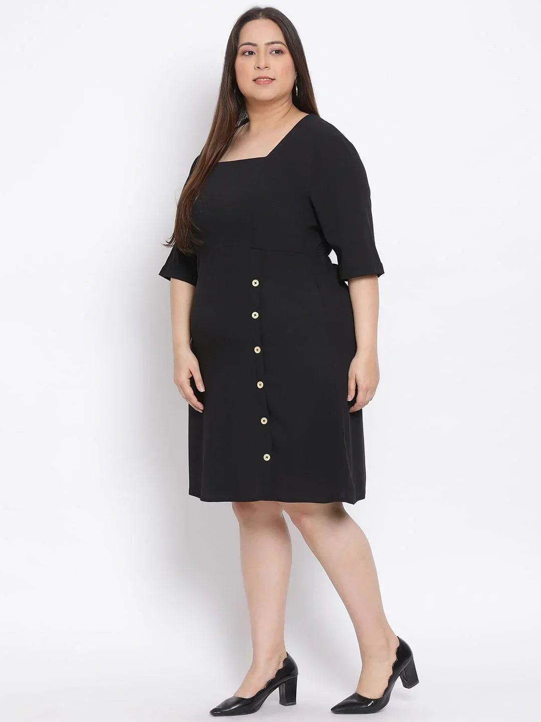 Black Basic Button Plus Size Curvy Dress For Everyday Style - oxolloxo