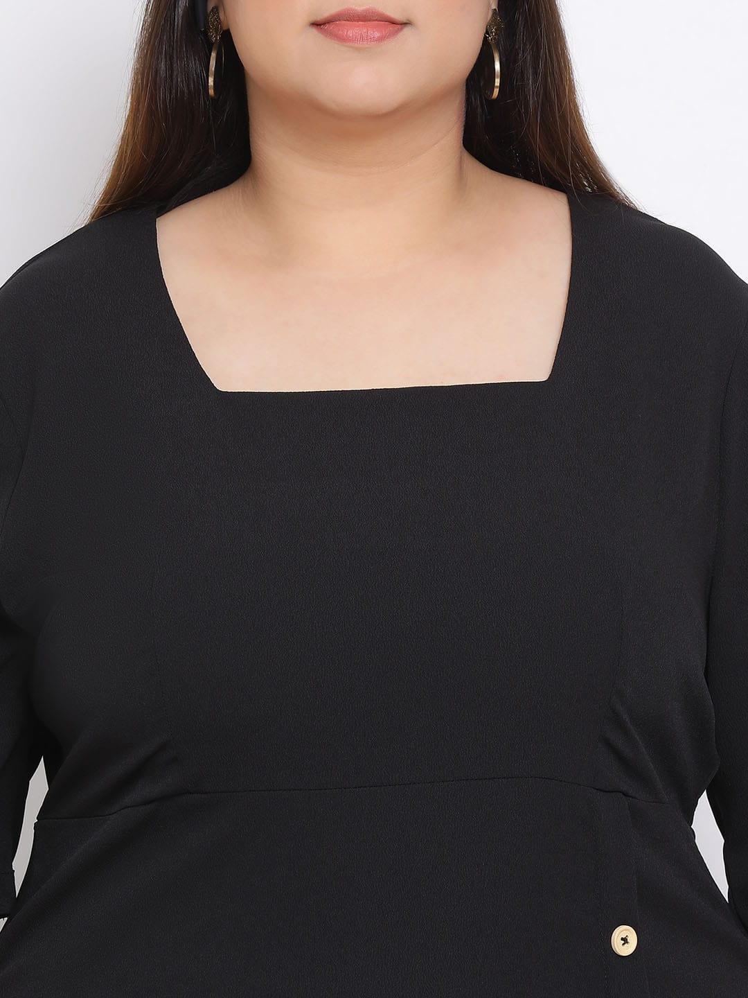 Black Basic Button Plus Size Curvy Dress For Everyday Style - oxolloxo