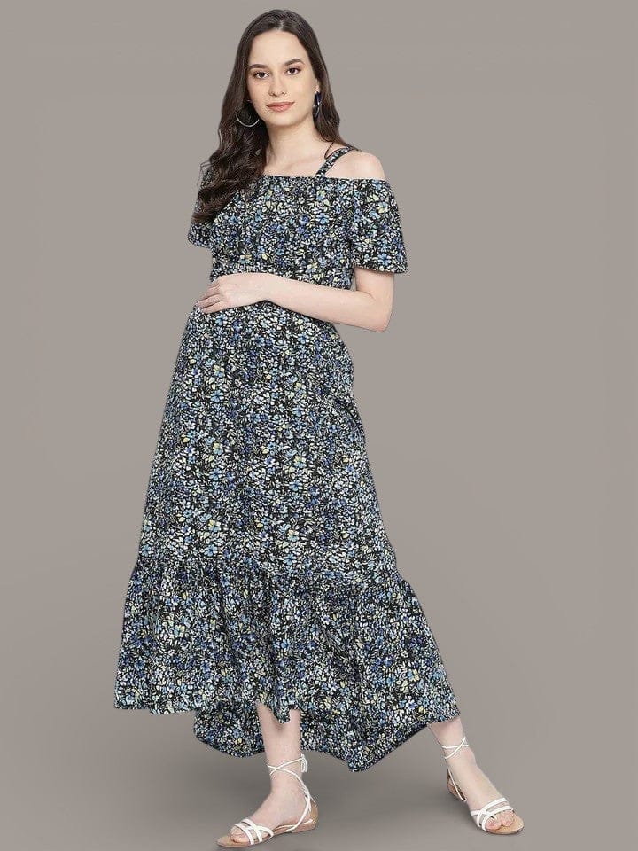 Women's Blue Floral Printed Maternity Dress