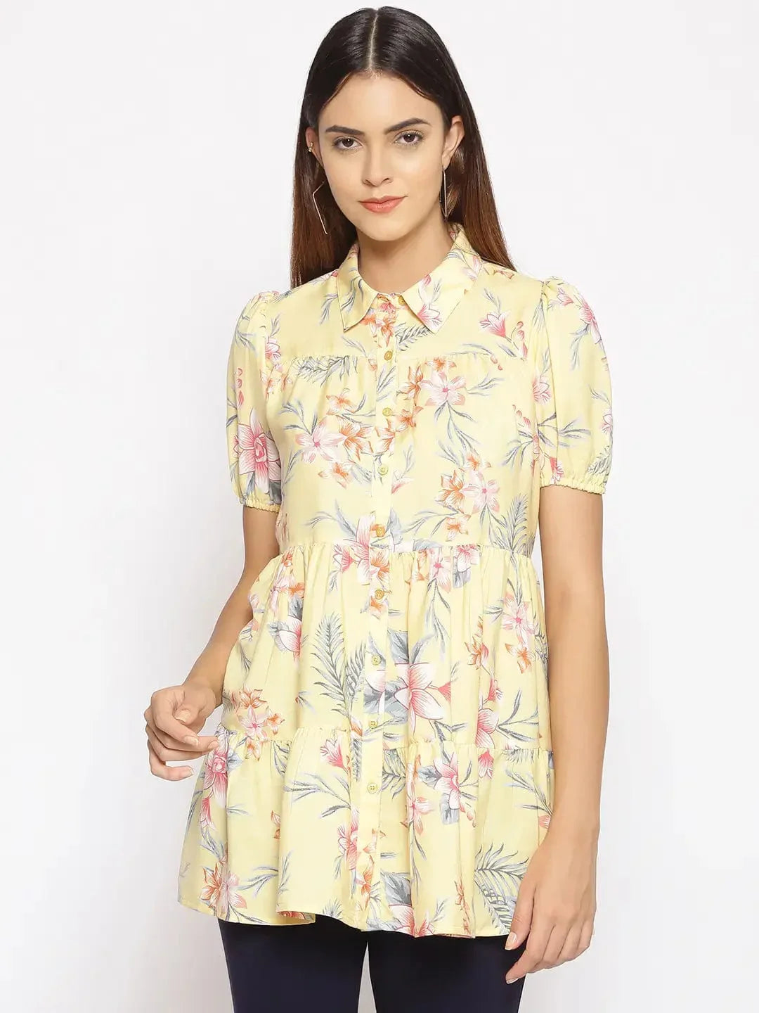Light Yellow Floral Print Tunic - oxolloxo