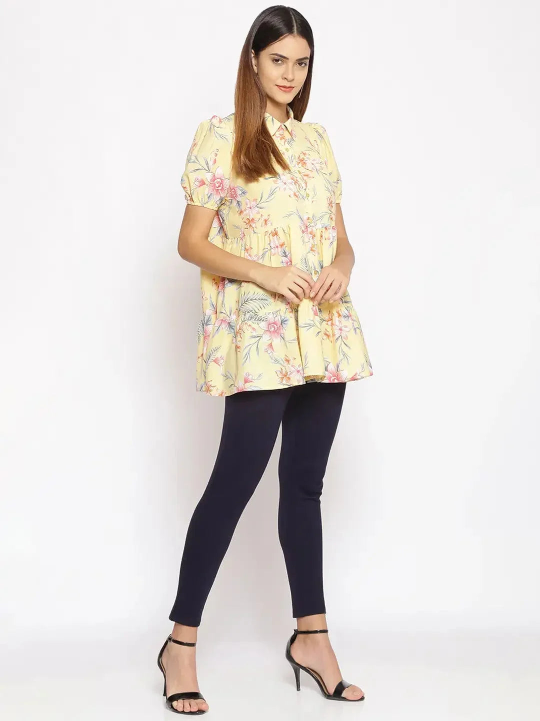 Light Yellow Floral Print Tunic   oxolloxo