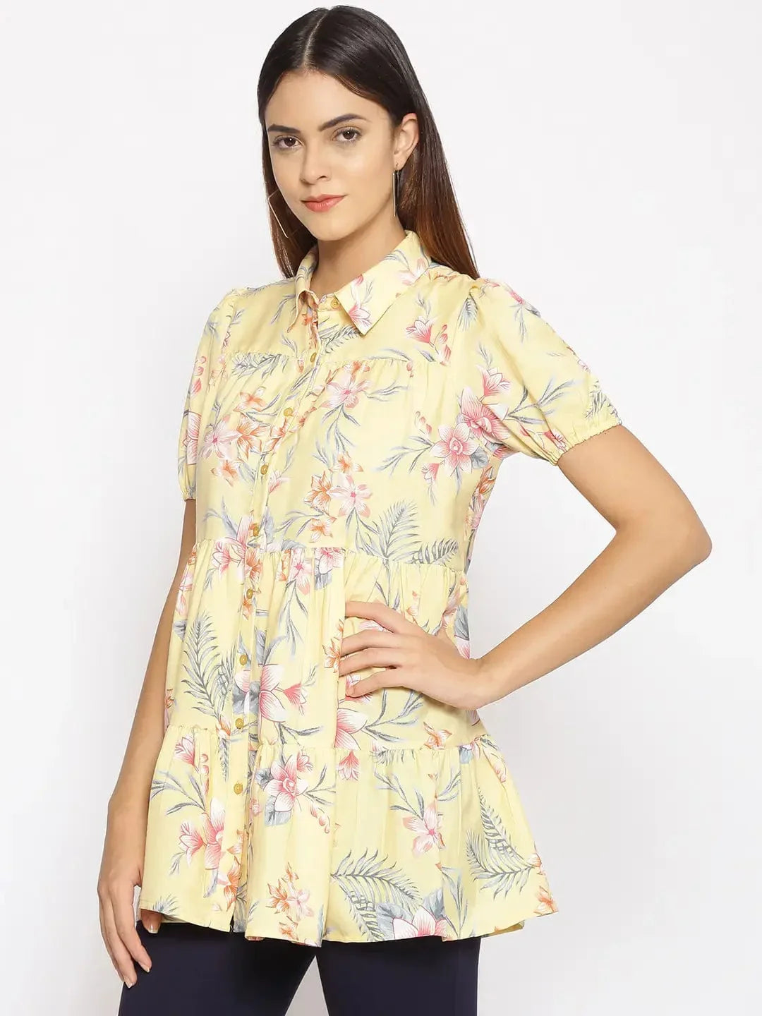 Light Yellow Floral Print Tunic   oxolloxo