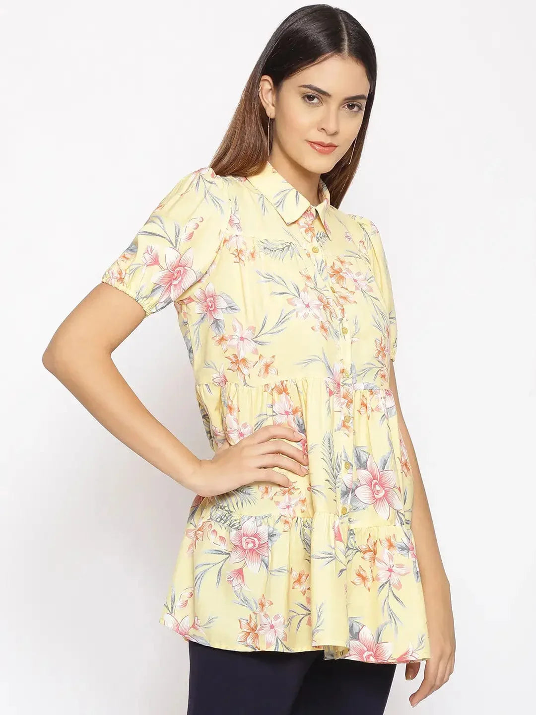 Light Yellow Floral Print Tunic   oxolloxo