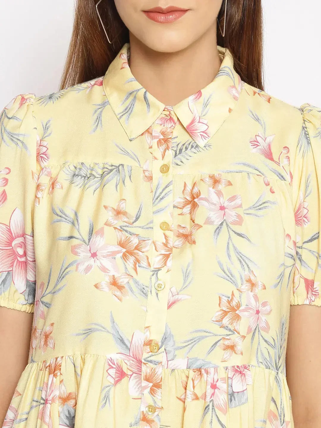 Light Yellow Floral Print Tunic   oxolloxo