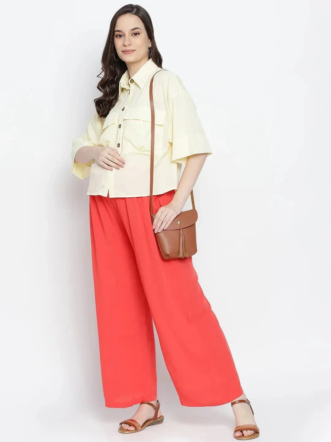 Ruby Red Flush Maternity Smocking Waist Pants For Expecting Moms - oxolloxo