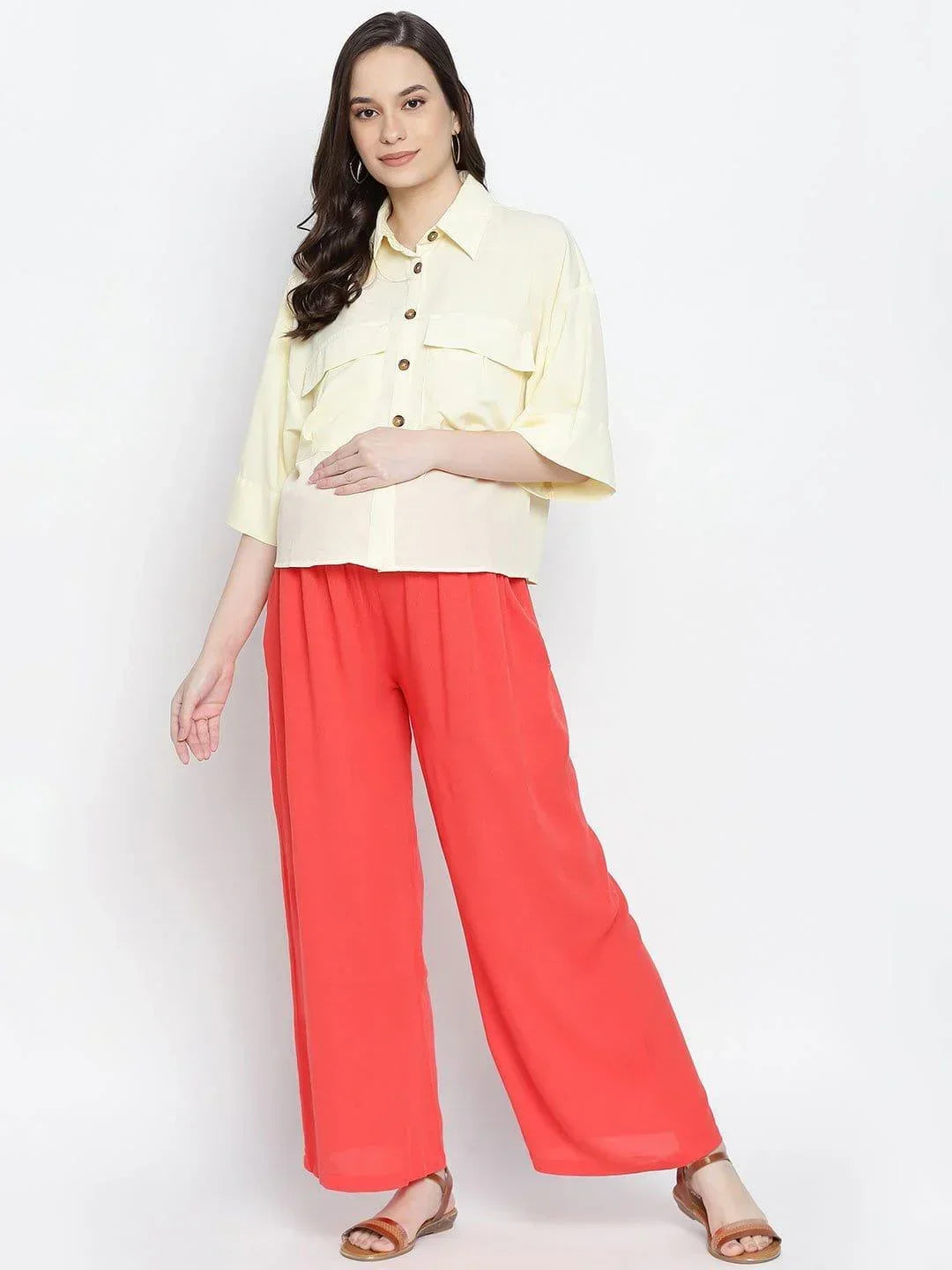 Ruby Red Flush Maternity Smocking Waist Pants For Expecting Moms - oxolloxo