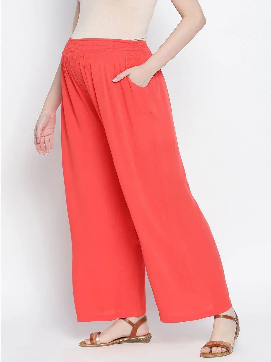 Ruby Red Flush Maternity Smocking Waist Pants For Expecting Moms - oxolloxo